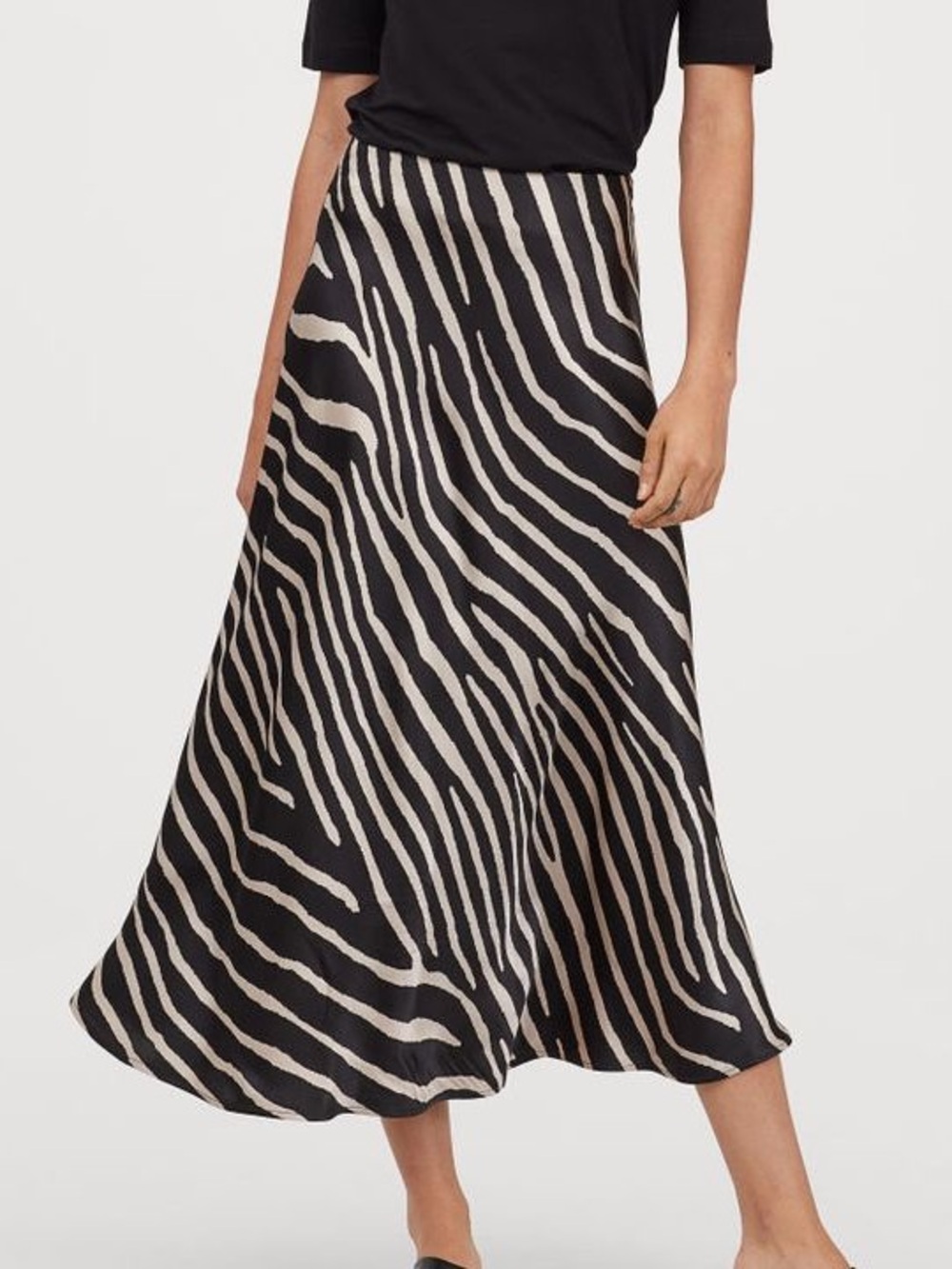 H&M Black and Cream Zebra-Print Midi Skirt